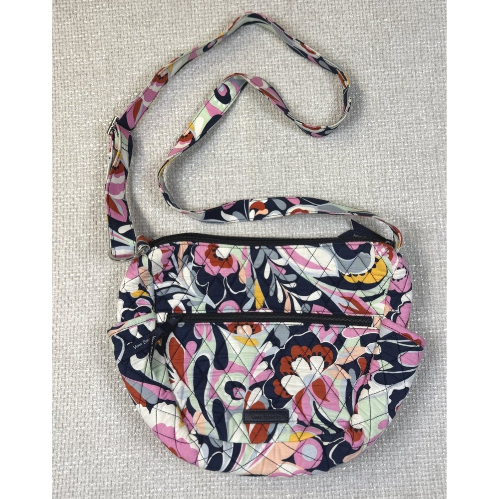 Vera Bradley Triple Zip Hipster Crossbody Bag Navy Pink Floral Quilted Cotton